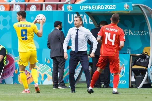 Head coach Andriy Shevchenko of Ukraine looks on during the UEFA Euro 2020 Championship Group C match between Ukraine and North Macedonia at National...