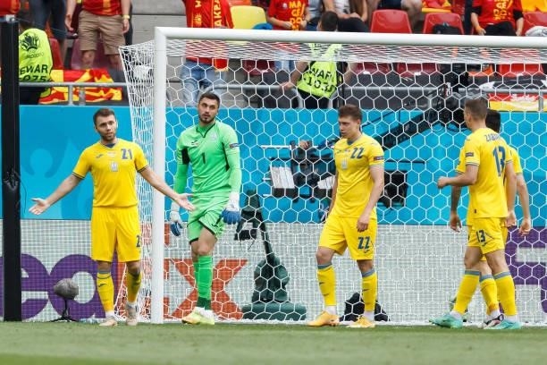 Players of Ukraine look on during the UEFA Euro 2020 Championship Group C match between Ukraine and North Macedonia at National Arena on June 17,...