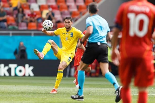 Roman Yaremchuk of Ukraine controls the ball during the UEFA Euro 2020 Championship Group C match between Ukraine and North Macedonia at National...