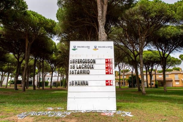 General view of a greenside leaderboard during Day Three of the Challenge de Espana at Iberostar Real Club de Golf Novo Sancti Petri on June 17, 2021...