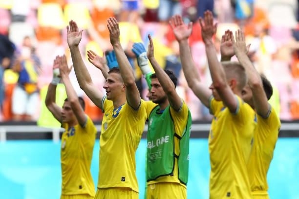 Ukraine's players celebrate after winning the UEFA EURO 2020 Group C football match between Ukraine and North Macedonia at the National Arena in...