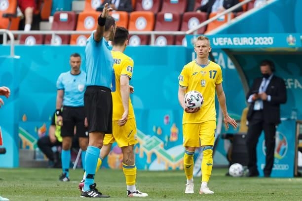 Oleksandr Zinchenko of Ukraine looks on during the UEFA Euro 2020 Championship Group C match between Ukraine and North Macedonia at National Arena on...