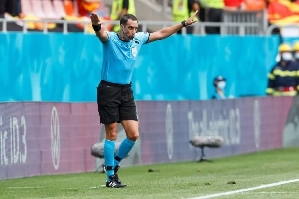 Referee Fernando Andres Rapallini gestures during the UEFA Euro 2020 Championship Group C match between Ukraine and North Macedonia at National Arena...