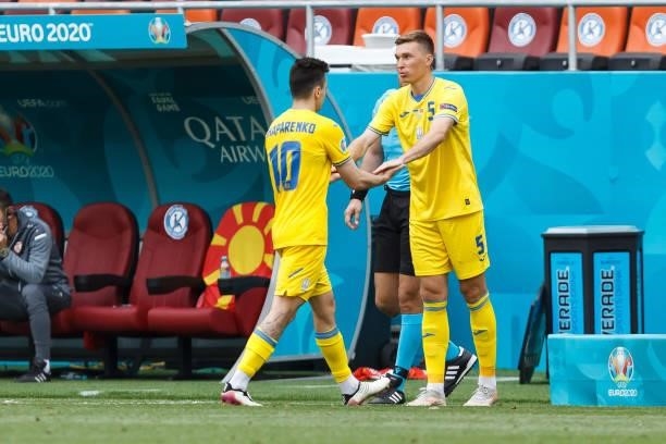 Mykola Shaparenko of Ukraine and Sergiy Sydorchuk of Ukraine substitutes during the UEFA Euro 2020 Championship Group C match between Ukraine and...