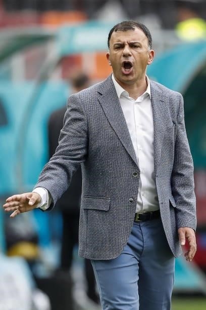North Macedonia's coach Igor Angelovski reacts during the UEFA EURO 2020 Group C football match between Ukraine and North Macedonia at the National...