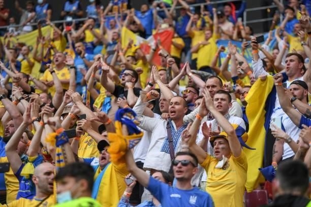 Ukraine supporters celebrate after winning during the UEFA EURO 2020 Group C football match between Ukraine and North Macedonia at the National Arena...