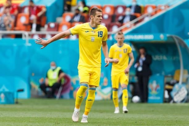 Artem Besedin of Ukraine looks on during the UEFA Euro 2020 Championship Group C match between Ukraine and North Macedonia at National Arena on June...