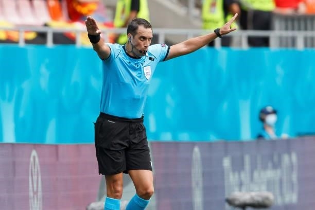 Referee Fernando Andres Rapallini gestures during the UEFA Euro 2020 Championship Group C match between Ukraine and North Macedonia at National Arena...