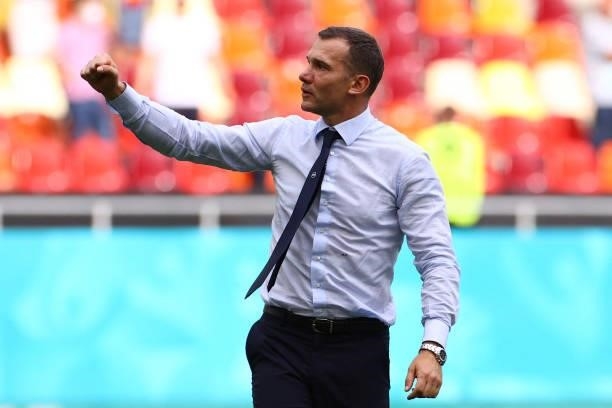Ukraine's coach Andrey Shevchenko celebrates after winning the UEFA EURO 2020 Group C football match between Ukraine and North Macedonia at the...