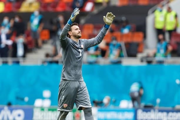 Goalkeeper Stole Dimitrievski of North Macedonia gestures after the UEFA Euro 2020 Championship Group C match between Ukraine and North Macedonia at...