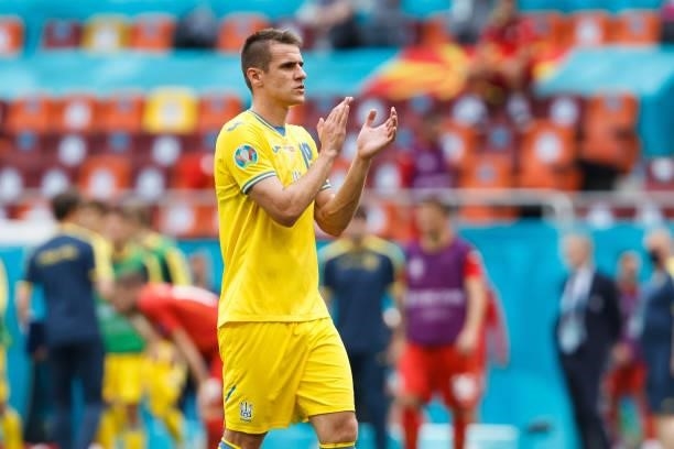 Artem Besedin of Ukraine gestures after the UEFA Euro 2020 Championship Group C match between Ukraine and North Macedonia at National Arena on June...