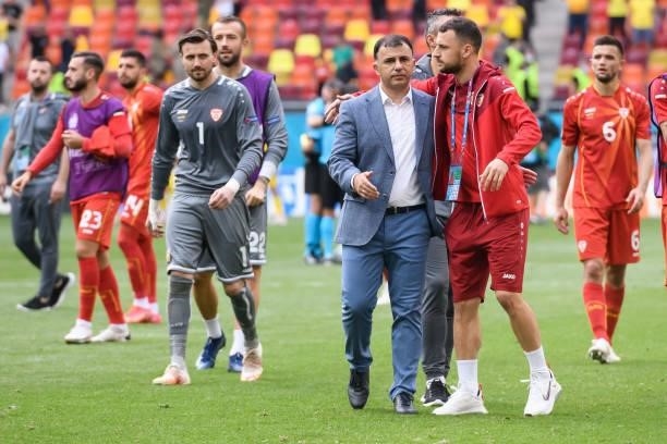 Head coach Igor Angelovski of North Macedonia looks on after the UEFA Euro 2020 Championship Group C match between Ukraine and North Macedonia at...