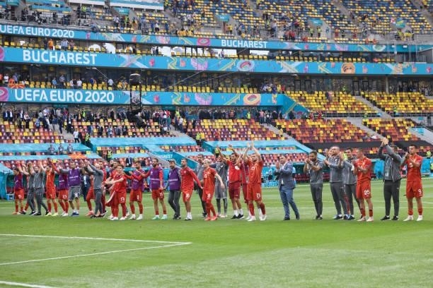 Players of North Macedonia gestures after the UEFA Euro 2020 Championship Group C match between Ukraine and North Macedonia at National Arena on June...