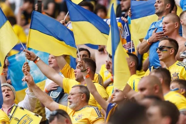 Supporters of Ukraine are seen after the UEFA Euro 2020 Championship Group C match between Ukraine and North Macedonia at National Arena on June 17,...