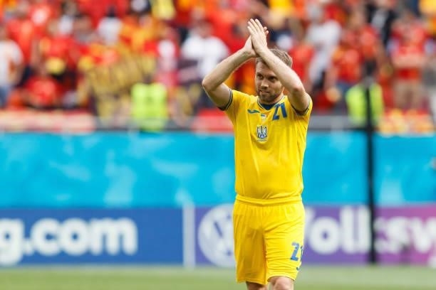 Oleksandr Karavaev of Ukraine gestures after the UEFA Euro 2020 Championship Group C match between Ukraine and North Macedonia at National Arena on...