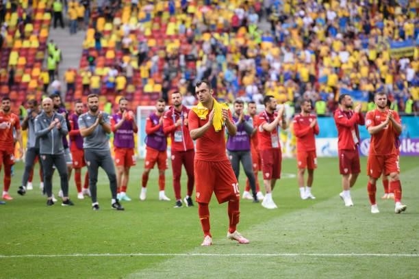 Goran Pandev of North Macedonia gestures after the UEFA Euro 2020 Championship Group C match between Ukraine and North Macedonia at National Arena on...