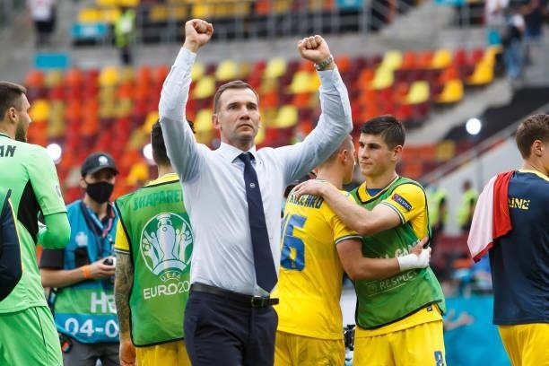 Head coach Andriy Shevchenko of Ukraine celebrates after the UEFA Euro 2020 Championship Group C match between Ukraine and North Macedonia at...
