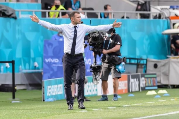 Head coach Andriy Shevchenko of Ukraine gestures after the UEFA Euro 2020 Championship Group C match between Ukraine and North Macedonia at National...