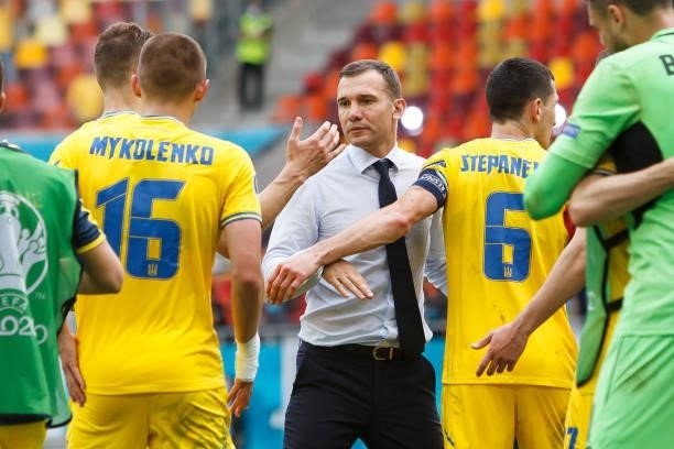Head coach Andriy Shevchenko of Ukraine celebrates after the UEFA Euro 2020 Championship Group C match between Ukraine and North Macedonia at...