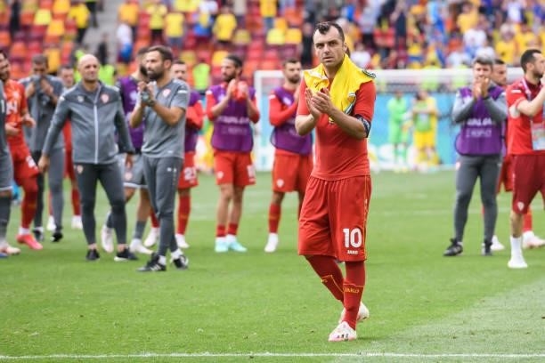 Goran Pandev of North Macedonia gestures after the UEFA Euro 2020 Championship Group C match between Ukraine and North Macedonia at National Arena on...
