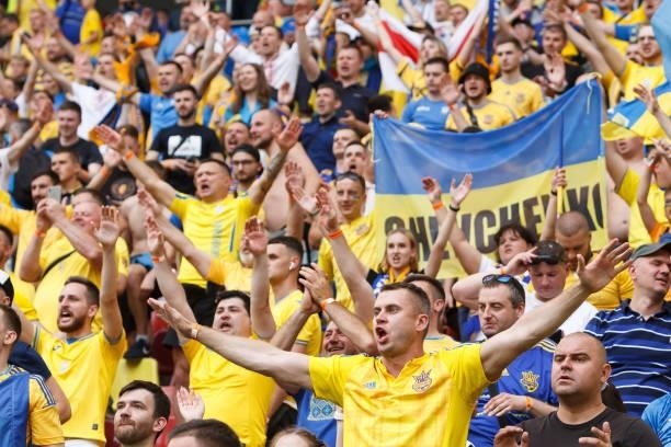 Supporters of Ukraine celebrate after the UEFA Euro 2020 Championship Group C match between Ukraine and North Macedonia at National Arena on June 17,...