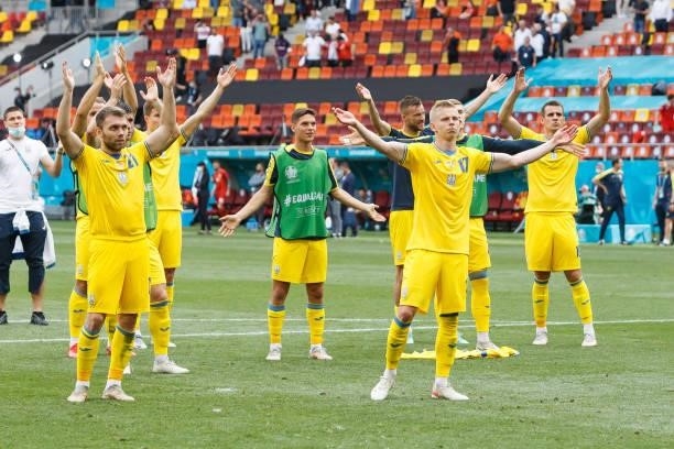 Players of Ukraine celebrate after the UEFA Euro 2020 Championship Group C match between Ukraine and North Macedonia at National Arena on June 17,...