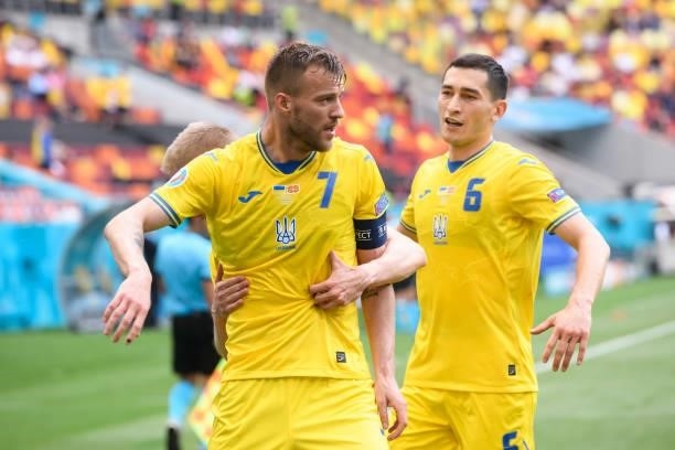 Andriy Yarmolenko of Ukraine celebrates after scoring his team's first goal during the UEFA Euro 2020 Championship Group C match between Ukraine and...