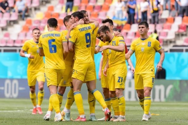 Players of Ukraine celebrate during the UEFA Euro 2020 Championship Group C match between Ukraine and North Macedonia at National Arena on June 17,...