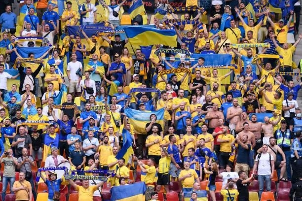 Supporter of Ukraine are seen during the UEFA Euro 2020 Championship Group C match between Ukraine and North Macedonia at National Arena on June 17,...