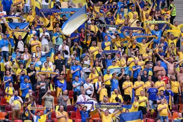 Supporter of Ukraine are seen during the UEFA Euro 2020 Championship Group C match between Ukraine and North Macedonia at National Arena on June 17,...