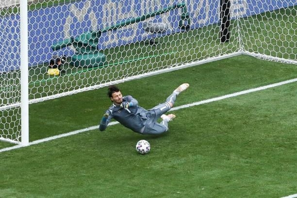 Goalkeeper Stole Dimitrievski from North Macedonia save a penalty during the UEFA Euro 2020 Championship Group C match between Ukraine and North...