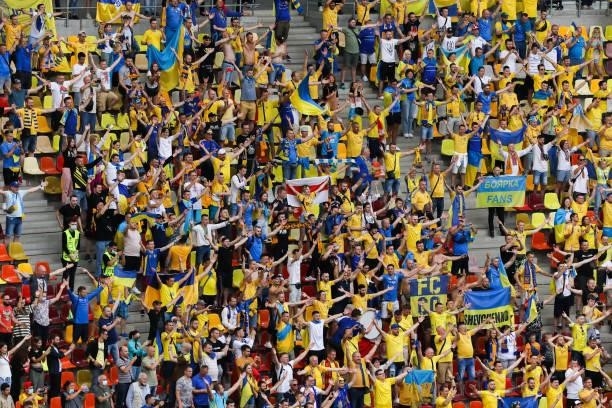 View of the fans from Ukraine during the UEFA Euro 2020 Championship Group C match between Ukraine and North Macedonia at National Arena on June 17,...