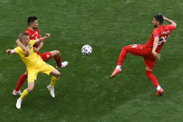 Players from Ukraine team and North Macedonia team fights for the ball during the UEFA Euro 2020 Championship Group C match between Ukraine and North...