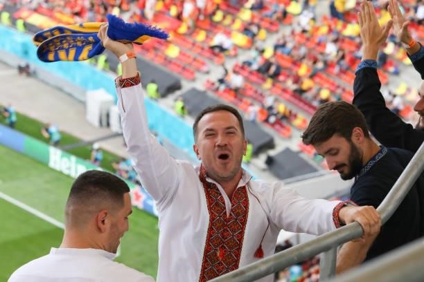 Fan of North Macedonia celebrates the goal during the UEFA Euro 2020 Championship Group C match between Ukraine and North Macedonia at National Arena...