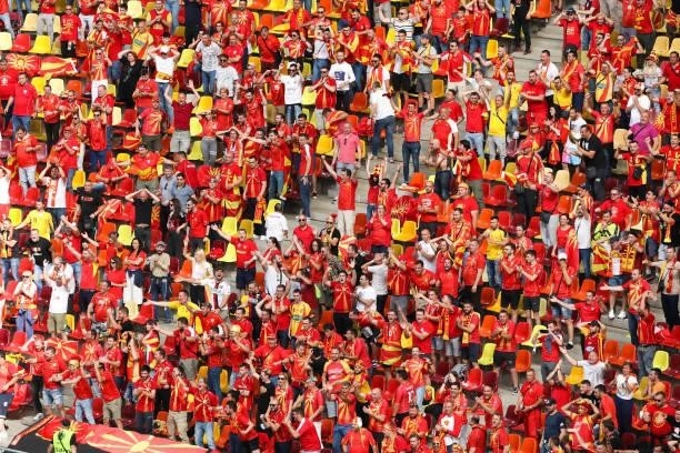Fans of North Macedonia show their support during the UEFA Euro 2020 Championship Group C match between Ukraine and North Macedonia at National Arena...