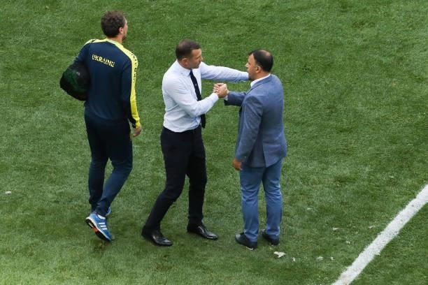 The manager of the Ukraine team Andrei evcenko and the manager of the North Macedonia team Igor Angelovski greeted each other after the UEFA Euro...