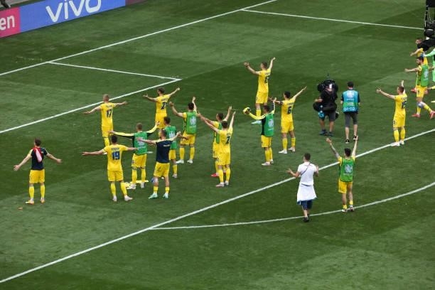 Players of the Ukraine team celebrates the victory after the UEFA Euro 2020 Championship Group C match between Ukraine and North Macedonia at...