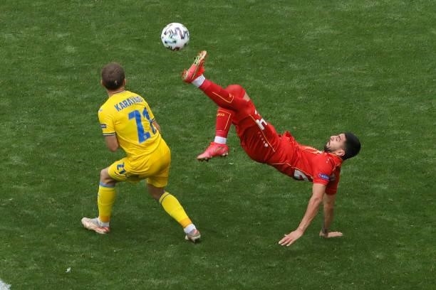 Daniel Avramovski try a Bicycle kick during the UEFA Euro 2020 Championship Group C match between Ukraine and North Macedonia at National Arena on...