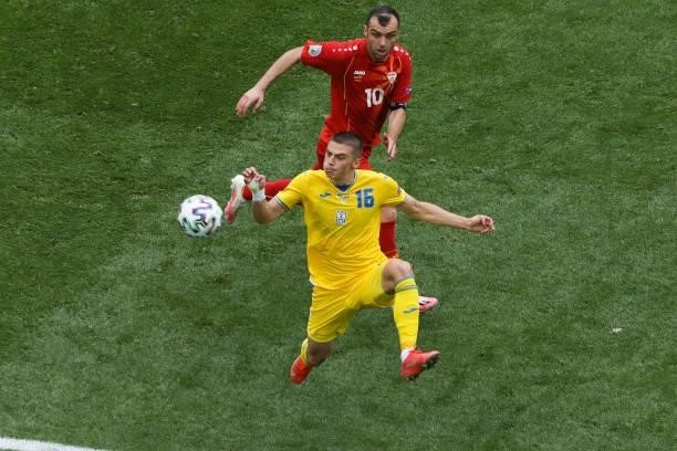Vitaliy Mykolenko and Goran Pandev during the UEFA Euro 2020 Championship Group C match between Ukraine and North Macedonia at National Arena on June...