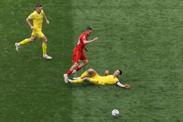 Players from Ukraine team and North Macedonia team during the UEFA Euro 2020 Championship Group C match between Ukraine and North Macedonia at...