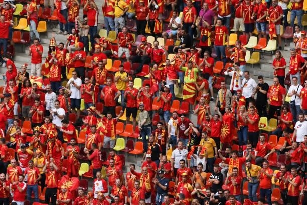 Fans of the North Macedonia team during the UEFA Euro 2020 Championship Group C match between Ukraine and North Macedonia at National Arena on June...