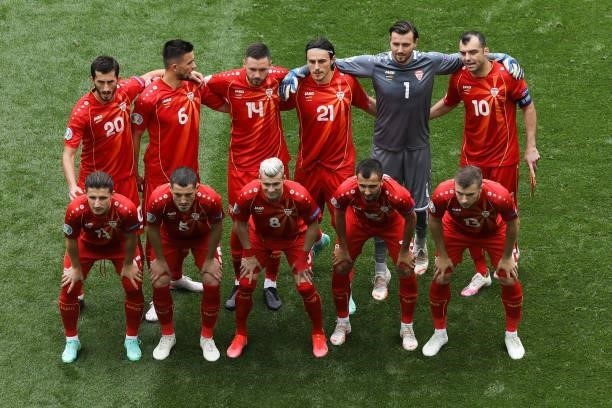 The North Macedonia team at the official picture ahead the UEFA Euro 2020 Championship Group C match between Ukraine and North Macedonia at National...