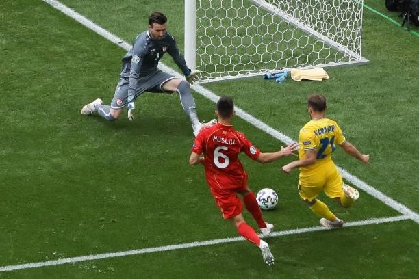 Oleksandr Karavayev has a chance to score during the UEFA Euro 2020 Championship Group C match between Ukraine and North Macedonia at National Arena...