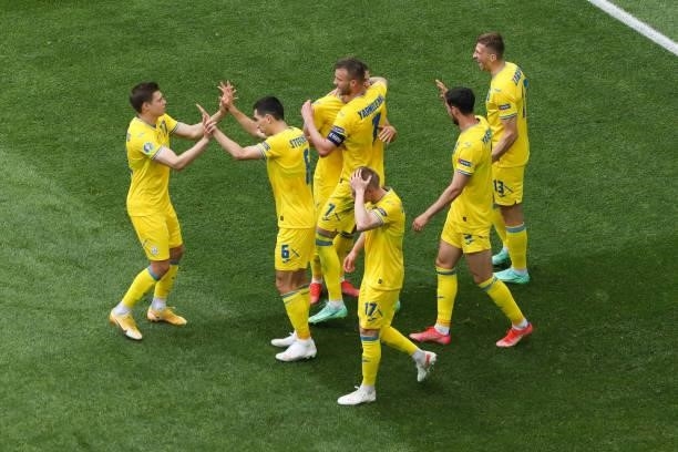 The players of Macedonia team celebrates the goal during the UEFA Euro 2020 Championship Group C match between Ukraine and North Macedonia at...