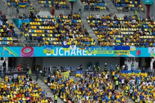 View of the fans from Ukraine during the UEFA Euro 2020 Championship Group C match between Ukraine and North Macedonia at National Arena on June 17,...