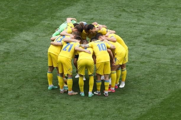 The Ukraine team during the UEFA Euro 2020 Championship Group C match between Ukraine and North Macedonia at National Arena on June 17, 2021 in...