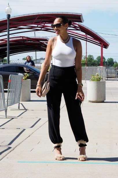 Kysre Gondrezick of the Indiana Fever arrives to the arena prior to the game against the Seattle Storm on June 17, 2021 at Indiana Farmers Coliseum...