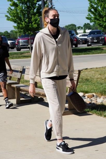 Breanna Stewart of the Seattle Storm arrives to the arena prior to the game against the Indiana Fever on June 17, 2021 at Indiana Farmers Coliseum...