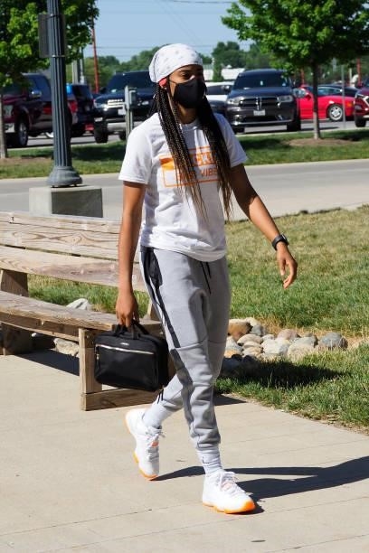 Kiana Williams of the Seattle Storm arrives to the arena prior to the game against the Indiana Fever on June 17, 2021 at Indiana Farmers Coliseum...