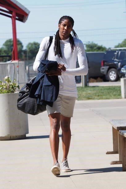Jessica Breland of the Indiana Fever arrives to the arena prior to the game against the Seattle Storm on June 17, 2021 at Indiana Farmers Coliseum...